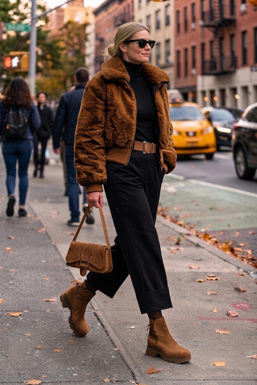 Women's cognac back lace-up ankle boots with round toe and chunky rubber sculpted sole - Worn view